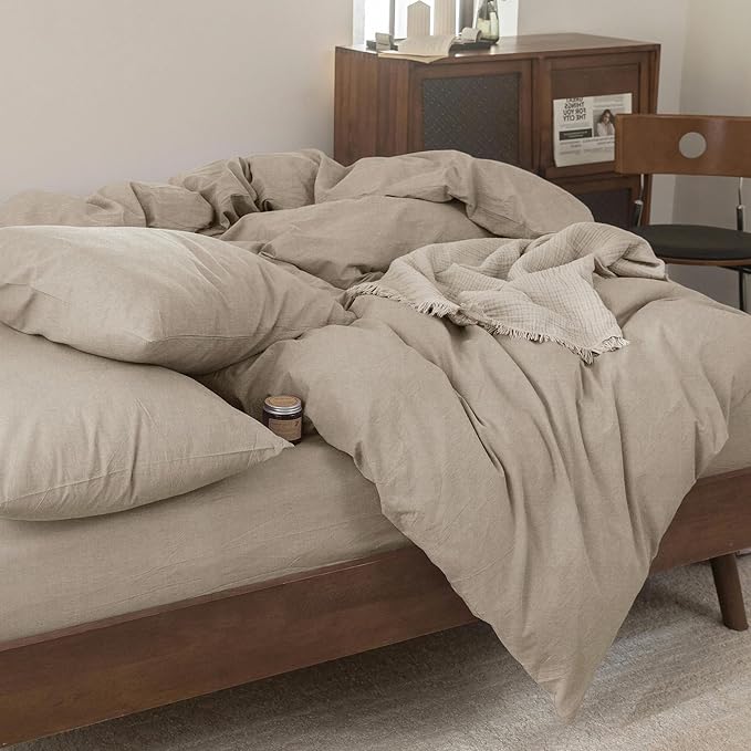 FOSSA Duvet Cover Set 100% Washed Cotton Linen Feel Super Soft Breathable Cozy 3 Pieces Bedding Sets Solid Tannish Linen Grey Queen
