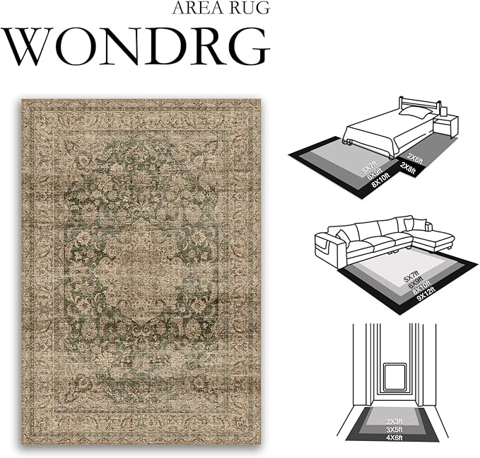 8x10 Washable Vintage Area Rug Green Brown Living Room Bedroom Carpet Non-Slip Soft Low Pile Distressed Indoor Large Throw Rug for Dining Room Office