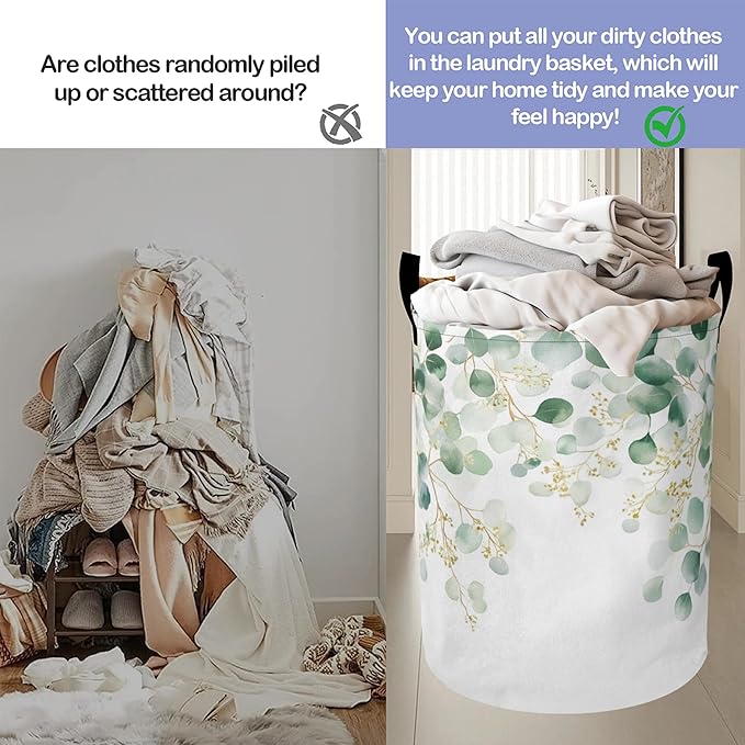Laundry Basket,Vintage Eucalyptus Leaves Large Canvas Fabric Lightweight Storage Hamper Organizer Dirty Clothes Collapsible Waterproof for College Dorms,Bathroom