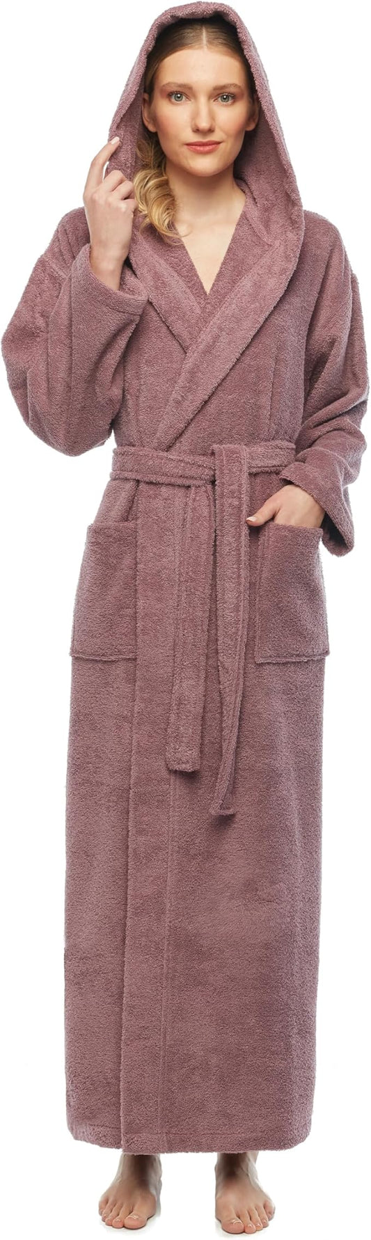 Arus Women's Hooded Classic Bathrobe Turkish Cotton Robe with Full Length Options