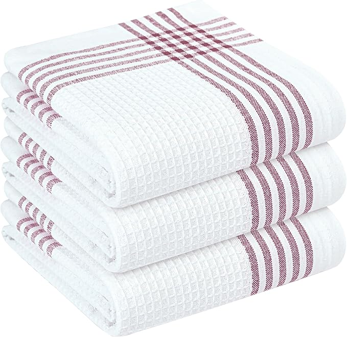 Burgundy and White Waffle Kitchen Towels 3 Pack, 100% Cotton, 16x26 Inch, Absorbent, Quick Dry, Durable Dishcloths for Wiping, Cleaning, Machine Washable, Kitchen, and Cooking Use
