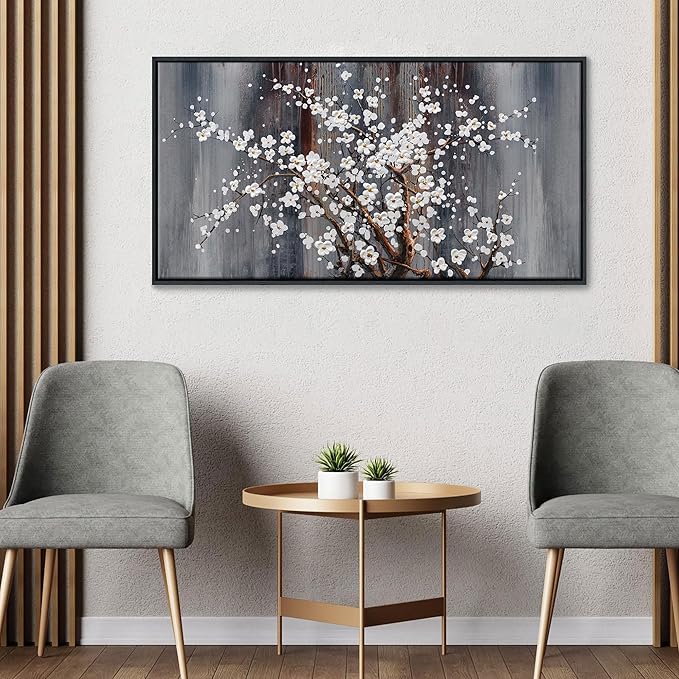 Wall Art for Living Room Large Modern Wall Decor Canvas Paintings for Wall Decorations White Flower Brown Bedroom Office Artwork Plum Blossom Art Prints Framed 20×40IN
