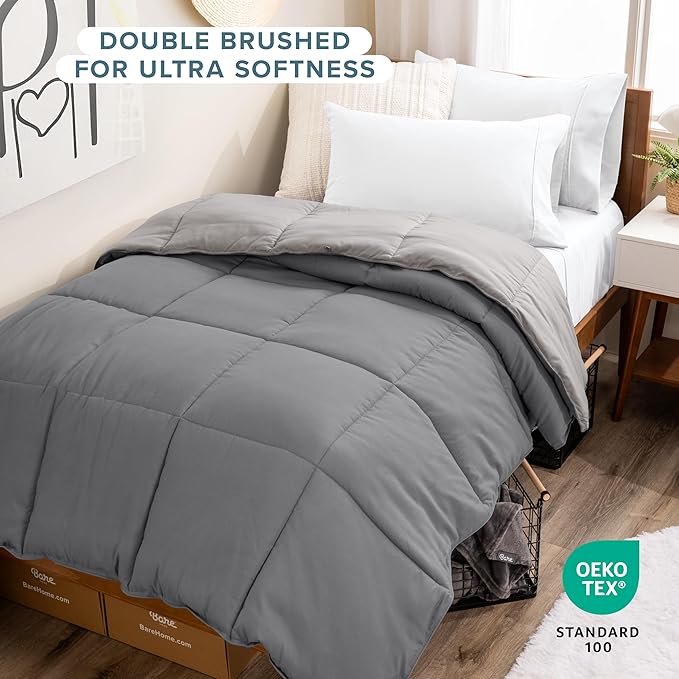 Bare Home Comforter - Reversible Colors - Goose Down Alternative - Ultra-Soft - Premium 1800 Series - All Season Warmth - Bedding Comforter (Twin/Twin XL, Grey/Light Grey)