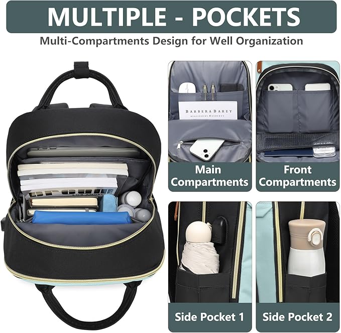 Laptop Backpack for Women Work Bookbag: 15.6 Inch College Backpacks with USB Charger School Bag Waterproof Travel Computer Back Pack Anti-Theft Casual Bookbags for Girls Teacher Nurse Black-Light-Blue