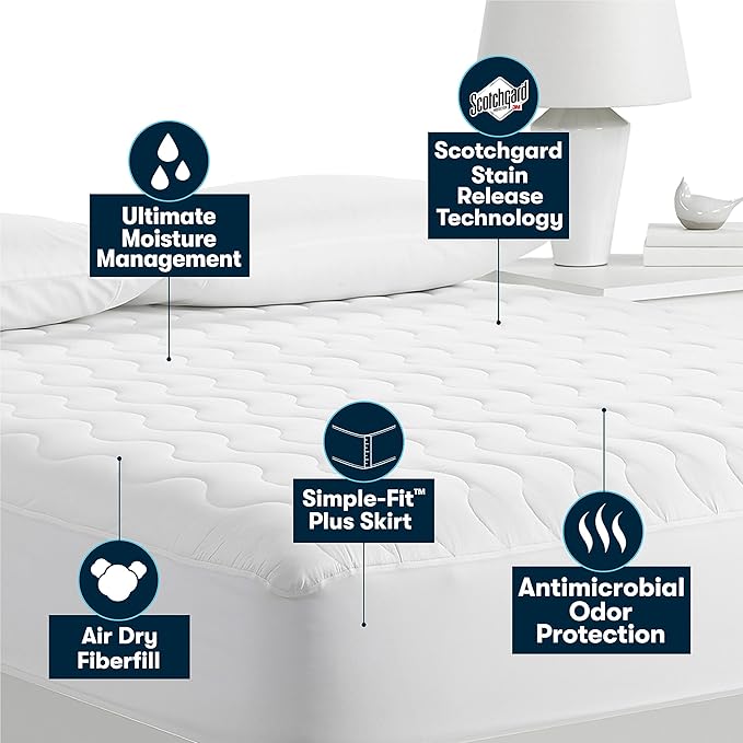 Serta Air Dry Basic Comfort Performance Fabric Quilted Mattress Pad, Cooling and Breathable Mattress Cover, Moisture Wicking Protection with 15" Deep Pocket, Twin, White
