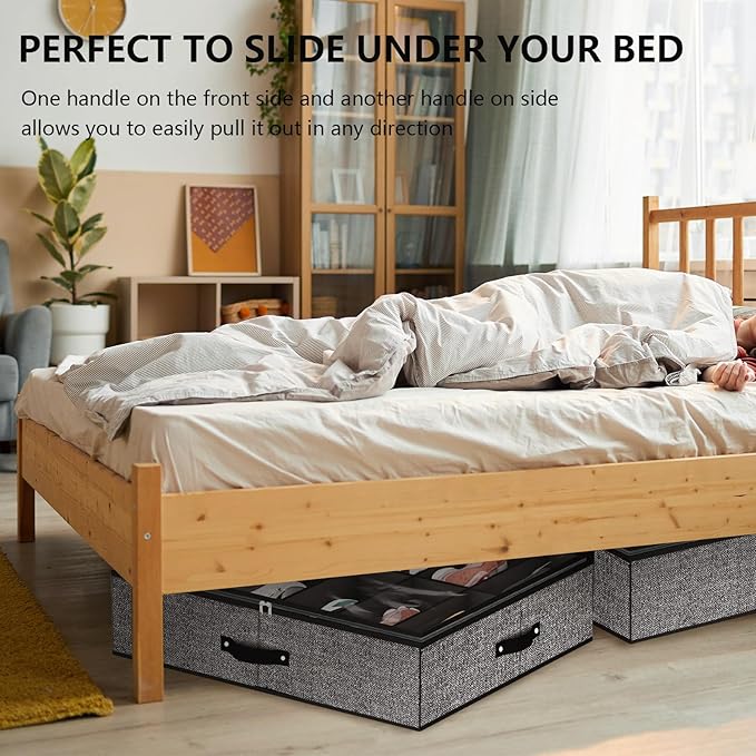 homyfort Under Bed Shoe Storage Organizer for Closet Fits 24 Pairs-Sturdy Underbed Shoe Storage Box Bins,Set of 2 (Linen-like Black)