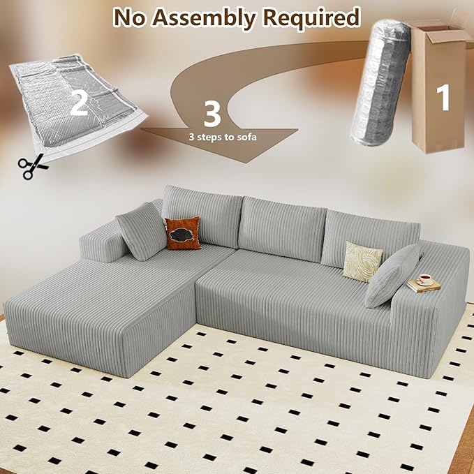 96" Modular Sectional Couch, Boneless L Shaped Cloud Sofa with Chaise Lounge, Corduroy Upholstered Couches Memory Foam Deep Seat, No Assembly Required, Ideal for Living Room(Light Gray, Left Facing)