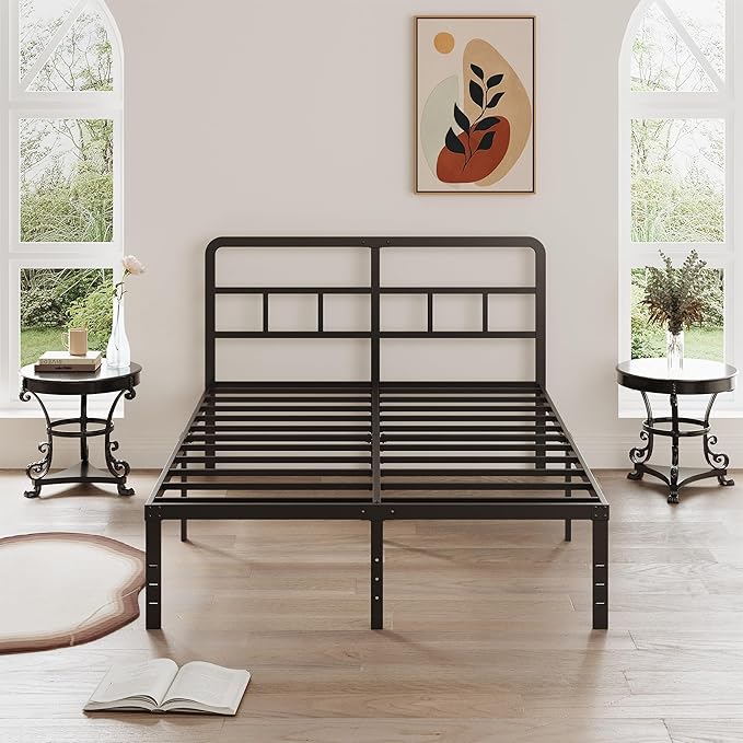 16 Inch Full Size Bed Frame with Headboard No Box Spring Needed, Heavy Duty Metal Platform with Steel Slat, Mattress Foundation, Easy Assembly, No Noise, Black