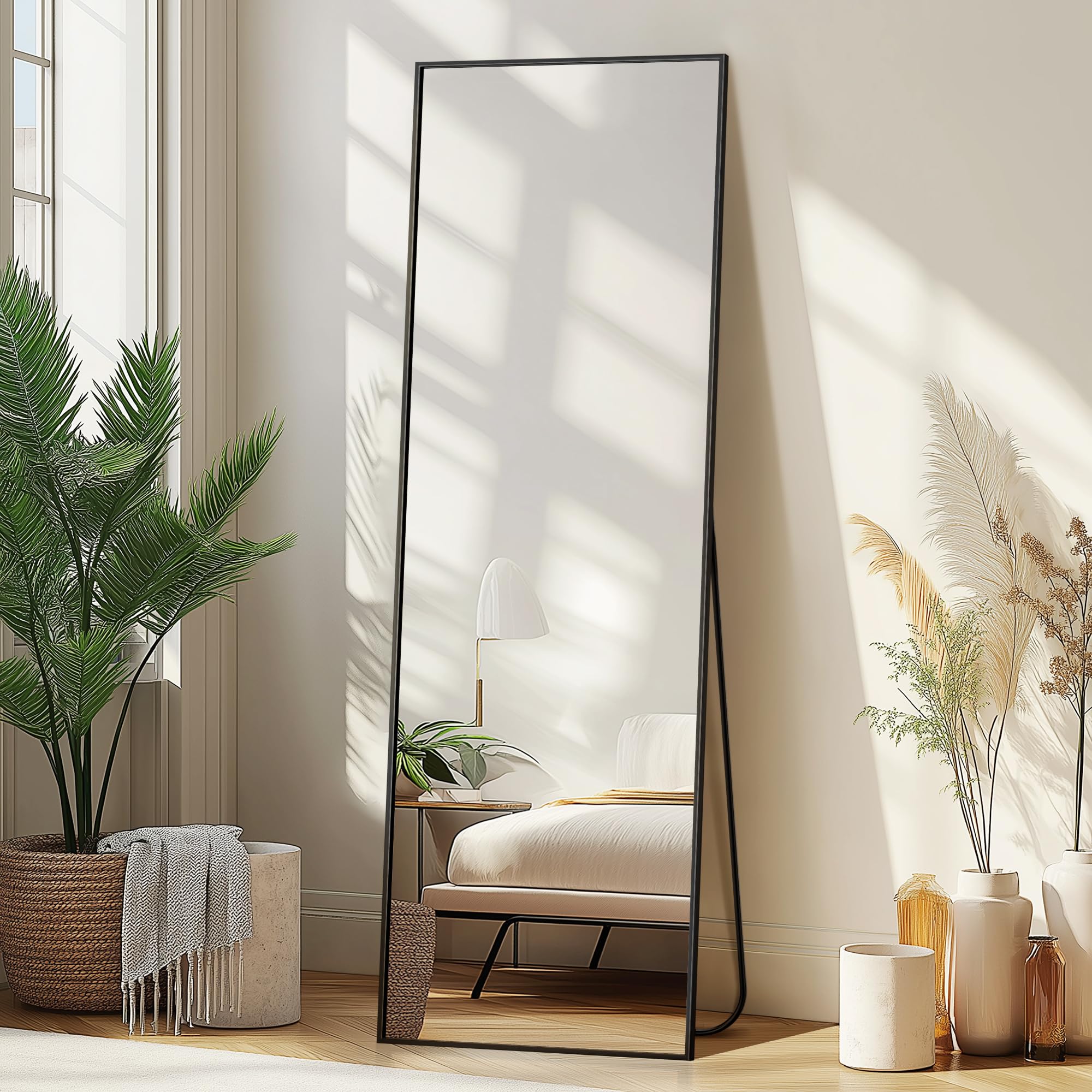 Delma Wall Full Length Mirror,Standing Mirror Full Body,Large Floor for Wall Door Bedroom Bathroom Living Room with Aluminium Frame(with Stand,56x15-Black) Dormly