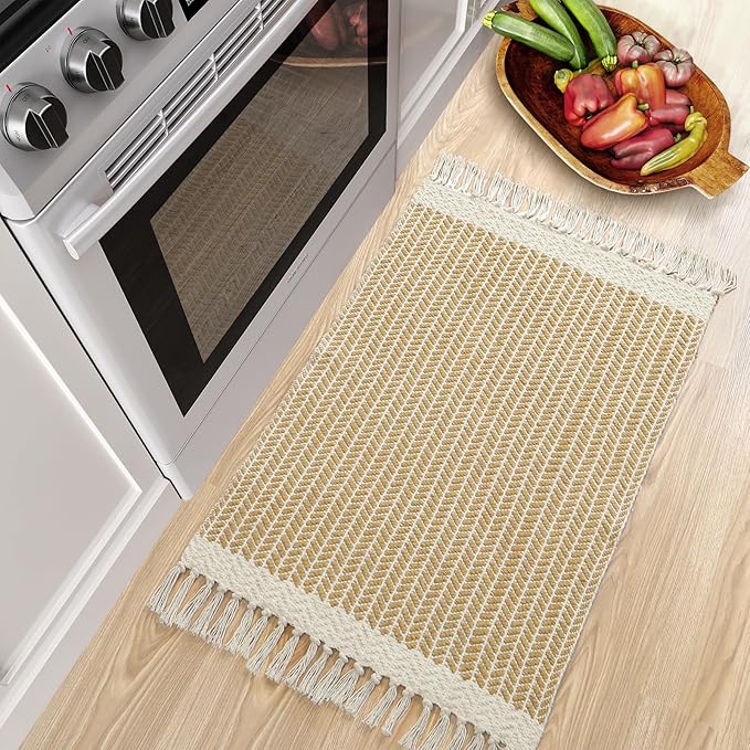 Lahome Boho Bathroom Rugs, Small 2x3 Front Door Mat Lightweight Kitchen Rug Woven Cotton Area Rug with Tassels, Farmhouse Non Shedding Washable Throw Rug Low Pile Carpet for Entry Laundry, Khaki
