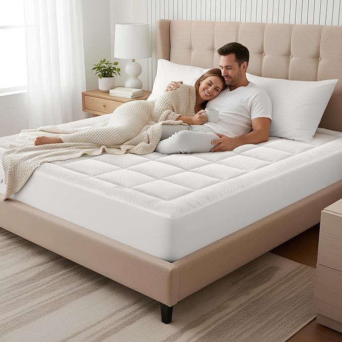 OLANLY Queen Quilted Fitted Mattress Pad – Soft Down Alternative Pillow Top Mattress Topper, Cooling Comfort Breathable Mattress Cover, Machine Washable Deep Pocket Mattress Protector, Off White