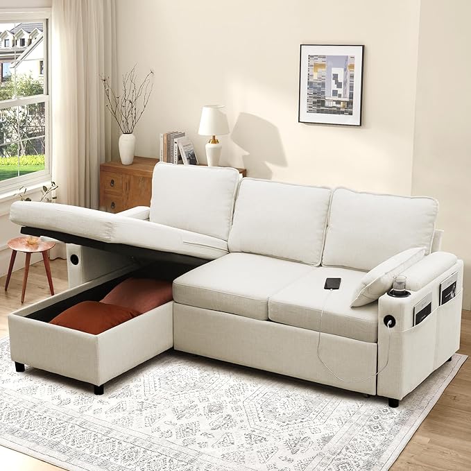 DURASPACE Sofa Bed, Sleeper Sofa Couch with Pullout Bed for Living Room, L Shaped Couch with Storage Chaise, USB, Cup Holder (Beige)