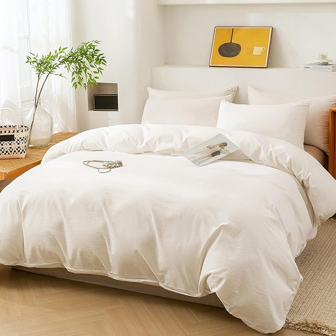 ECOCOTT White Duvet Cover California King Size, 100% Washed Cotton 1 Duvet Cover with Zipper and 2 Pillowcases, Ultra Soft and Easy Care Breathable Bedding Set (White, California King)