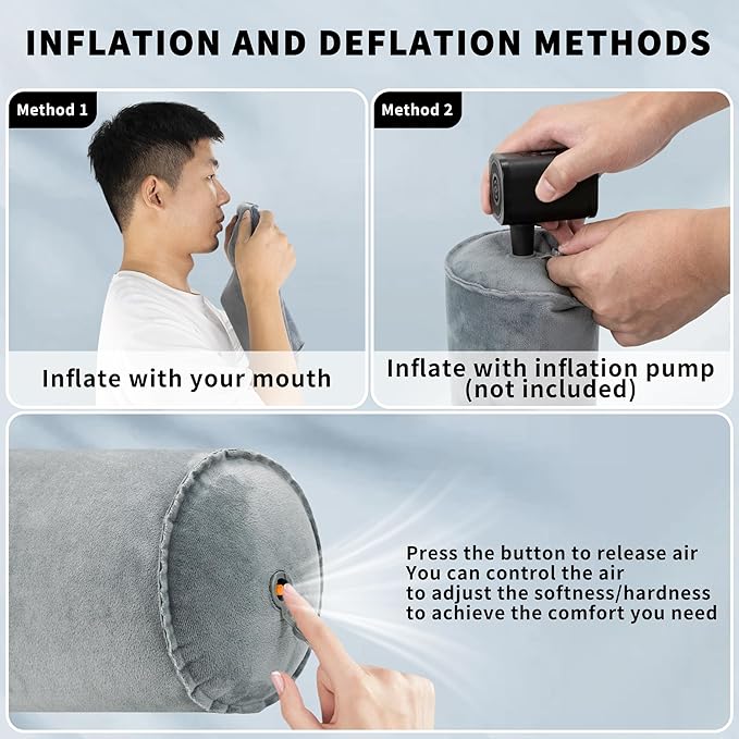 ONTYZZ Inflatable Round Neck Pillow Cervical Roll Pillow Cylinder Bolster Pillow for Head, Neck, Back, Legs and Yoga, Grey（4.92 * 14.96）