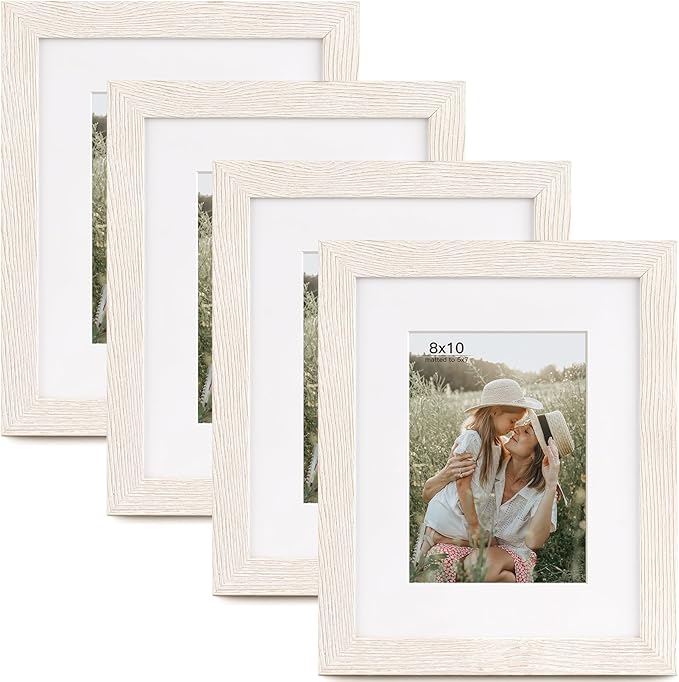 8x10 Picture Frame with Mat for 5x7 Set of 4, Rustic White Wood Grain 8 x 10 Gallery Wall Picture Frames for Tabletop or Wall Mounting(4 Pack, White)