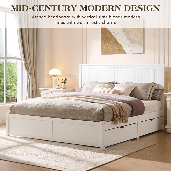 King Size Solid Wood Bed Frame with Storage, Mid-Century Modern Platform Bed with 50" Headboard & 2 Drawers, No Box Spring Needed/Quiet Support/Easy Assembly/Soft White Finish