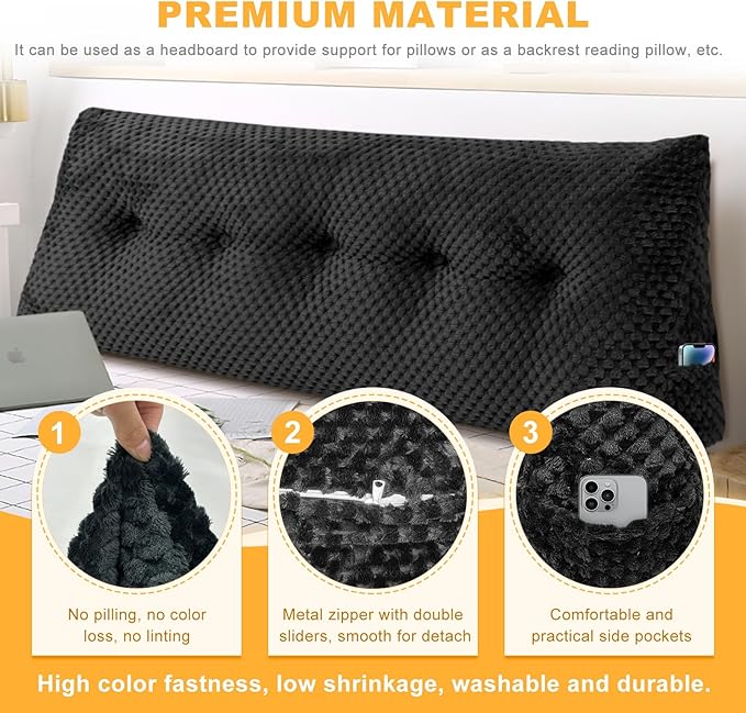 Large Triangular Headboard Wedge Pillow Soft and Supportive Headboard Backrest Positioning Support Bolster Cushion, Bed Wedge Pillow with Removable Cover(Black,Full,54x8x20inch)