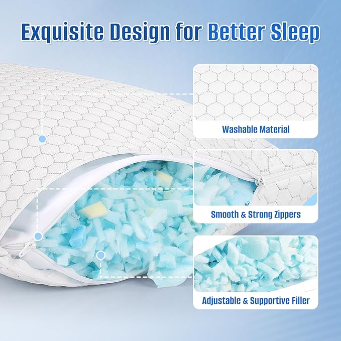Shredded Memory Foam Pillow for Sleeping, Cooling Bed Pillows Set of 2, Adjustable Pillows for Side, Back, Stomach Sleepers with Washable Pillowcase (Queen Size, Grey)