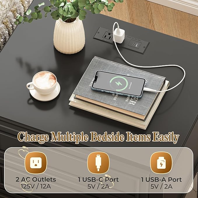 Huuger 27.6 Inch Tall Nightstand with Charging Station, USB-C Port, Larger Night Stand Set of 2, Bedside Table with 2 Drawers, 11.4 Inch Raised Legs, Side Tables End Tables, for Bedroom, Black