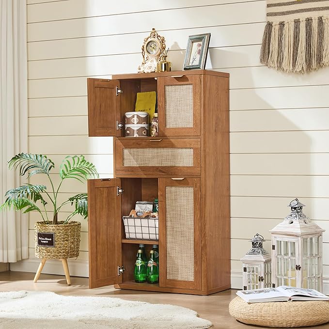 LEYAOYAO 48" Tall Storage Cabinet,Rattan Bathroom Floor Cabinets with 4 Doors & 1Drawer,Boho Kitchen Pantry with Adjustable Shelves,Wooden Cupboard for Living Room,Home Office,Dining,Brown