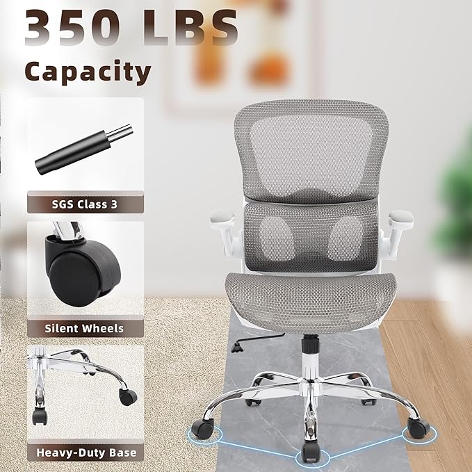 Office Chair, Ergonomic Desk Chair with Adjustable High Back 2D Lumbar Support Flip-up Armrests, Executive Breathable Mesh Comfy Swivel Rolling Computer Task Chair for Home Office Study Work Gaming