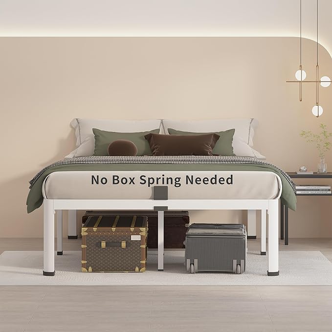 MAF 20 Inch Full Size Bed Frame White with Round Corner Legs Mattress Slide Stopper No Box Spring Needed Heavy Duty Metal Platform Bed Frames Under-Bed Storage Space, 3000 LBS Steel Slats Support