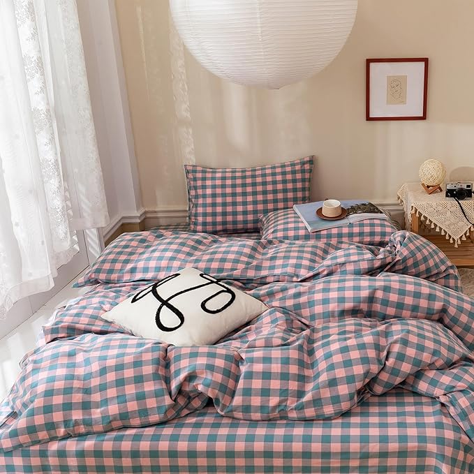 VM VOUGEMARKET Purple Pink Plaid Bedding Set Queen 3 Pieces Pink Blue Grid Duvet Cover with Zipper Ties 2 Pillowcases 100% Washed Cotton Luxury Soft Breathable Durable