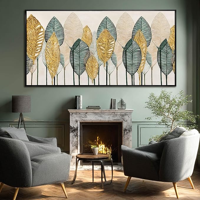 Contemporary Framed Wall Art Green and Gold Wall Decor Leaves Wall Prints Line Wall Posters 29"x58" Living Room Decorations Kitchen Art
