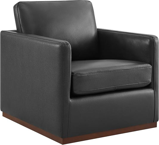 CHITA Genuine Leather Swivel Accent Chair, FSC Certified Mid Century Modern Arm Chair for Living Room and Bedroom, Fully Assembled, Black