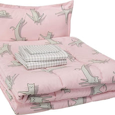 Amazon Basics Kid's Easy Care Microfiber Bed-in-a-Bag 5-Piece Bedding Set, Twin, Pink Cats, Animal Printed