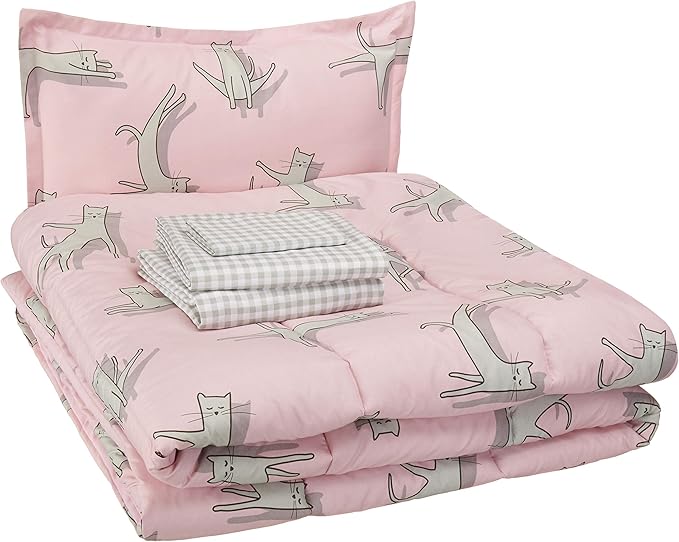 Amazon Basics Kid's Easy Care Microfiber Bed-in-a-Bag 5-Piece Bedding Set, Twin, Pink Cats, Animal Printed