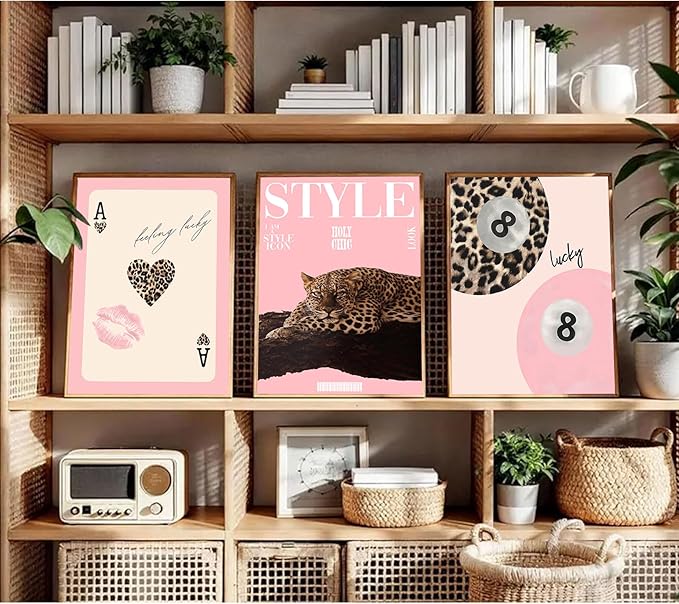 3Pcs Trendy Pink Leopard Wall Art Preppy Leopard Lucky 8 Ball Posters Printings Y2k Coquette Funky Cheetah Aesthetic Room Wall Decor for College Apartment Girls Bedroom Home Decoration 16x24in