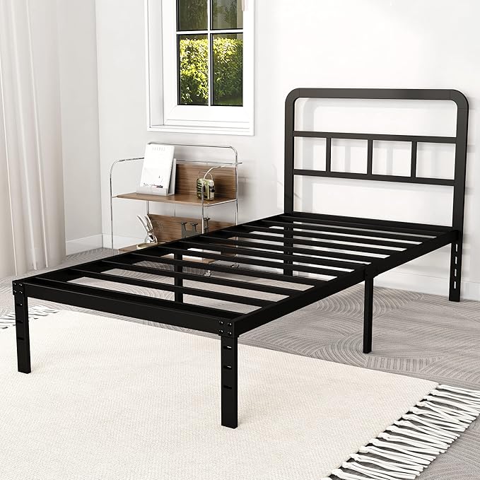 14 Inch Twin XL Bed Frame with Headboard No Box Spring Needed Metal Platform Heavy Duty Steel Slat Mattress Foundation/Easy Assembly/Noise Free/Black