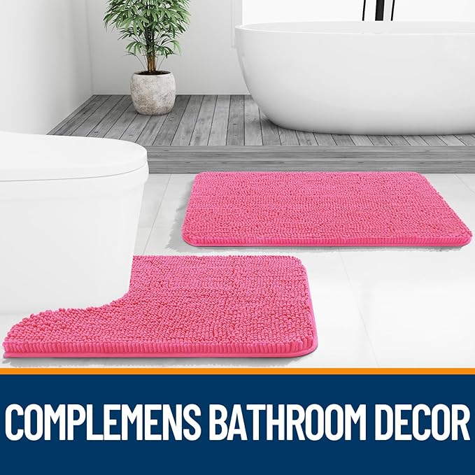 OLANLY Bathroom Rugs 47x20, Extra Soft Absorbent Chenille Bath Rugs, Rubber Backing Quick Dry, Machine Washable Bath Mats for Bathroom Floor, Tub and Shower, Home Decor Accessories, Hot Pink