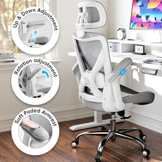 Ergonomic Office Chair-Computer X-Shaped Chair Mesh PU Leather with Adjustable Lumbar Support-Executive Desk Chair High Back with Headrest Flip-Up Arms for Long Hours (White-Grey)