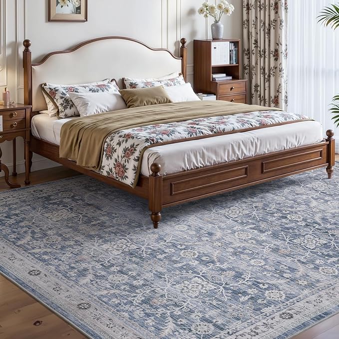 MontVoo-Vintage Area Rugs 8X10 Blue Rugs for Living Room-Soft Distressed Printed Rugs for Bedroom-Non Slip Carpet-Machine Washable Rug for Dining Room Living Room Bedside Office
