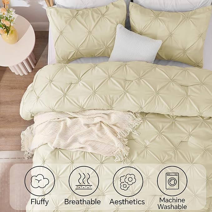 BEDELITE Beige Queen Comforter Set - 3 Pieces Boho Pintuck Bedding Comforter Sets, Lightweight Soft & Warm Bed Comforter Queen with 2 Pillowcases for All Season