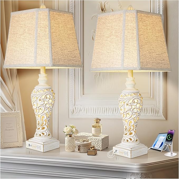 Vintage Table Lamps Set of 2, 28.5'' High Bedside Lamps with Fabric Shade, Farmhouse Nightstand Lamps with USB A+C Ports and Nightlight - Perfect for Living Room Bedroom Office Study (Bulb Included)