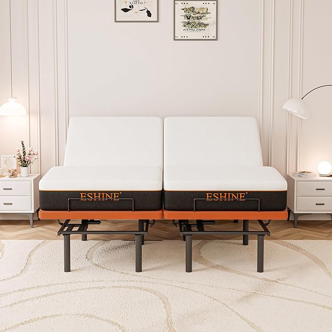 ESHINE Split King Adjustable Bed Frame with Mattress - 10 Inch Gel Memory Foam Mattress, Bluetooth APP Control, Wireless Remote, Zero Gravity, Anti Snore, Head and Foot Incline, 2000 Series