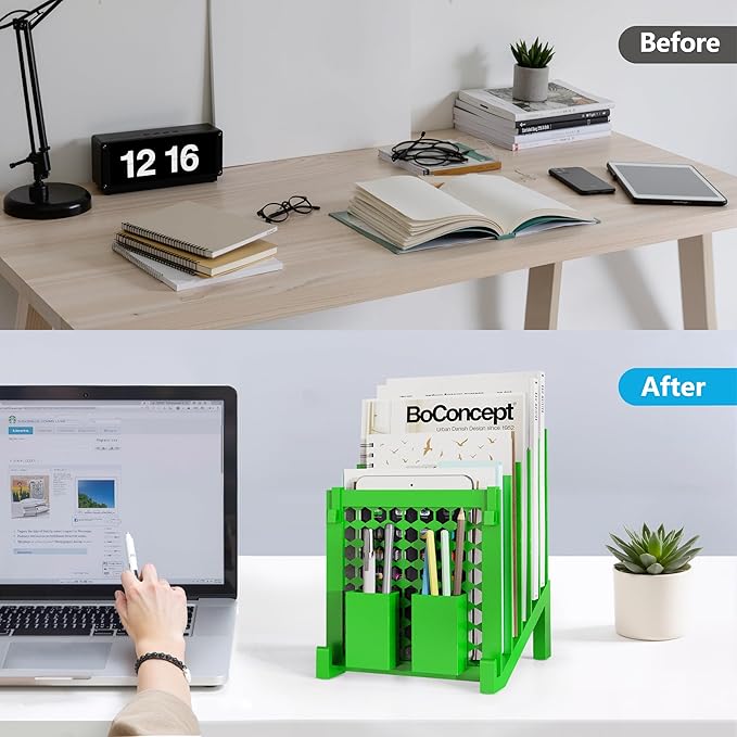 File Organizer for Desk with Storage Box & Hook, Inclined Desk File Organizer with 5-Section Vertical File Holder suitable for Home Office Document Organization(Dark Green01)