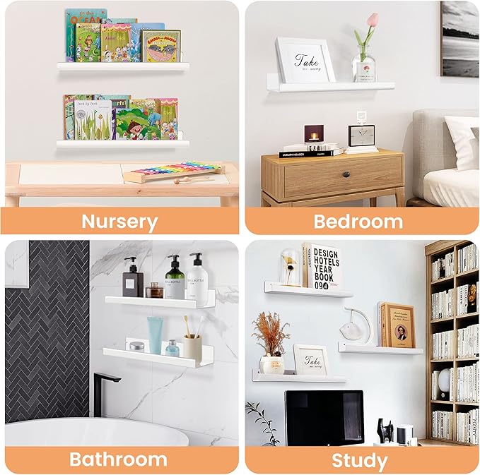 upsimples Acrylic Shelves for Wall Decor, 15" Display Shelf Perfume Organizer for Bathroom, Bedroom, Living Room, Floating Bookshelves for Kids, White, 4 Pack