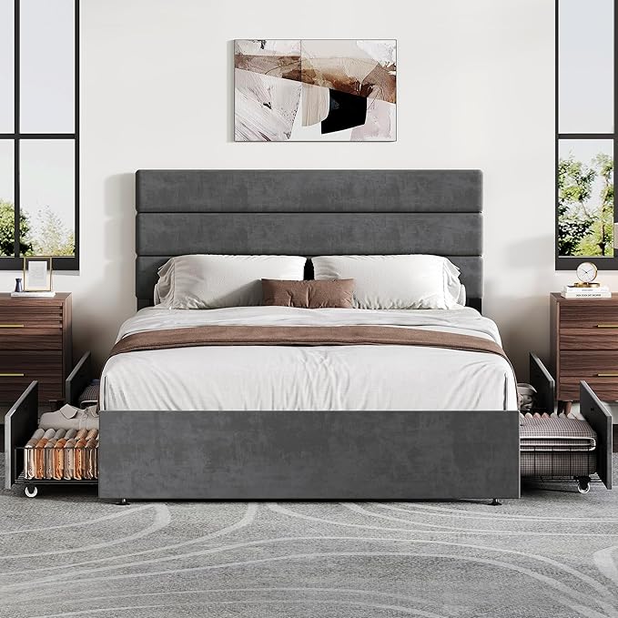 WLIVE Full Size Upholstered Bed Frame with 4 Storage Drawers and Headboard, Velvet Platform Bedframe, Sturdy Metal & Wooden Slats Support, No Box Spring Needed, Easy Assembly, Dark Grey