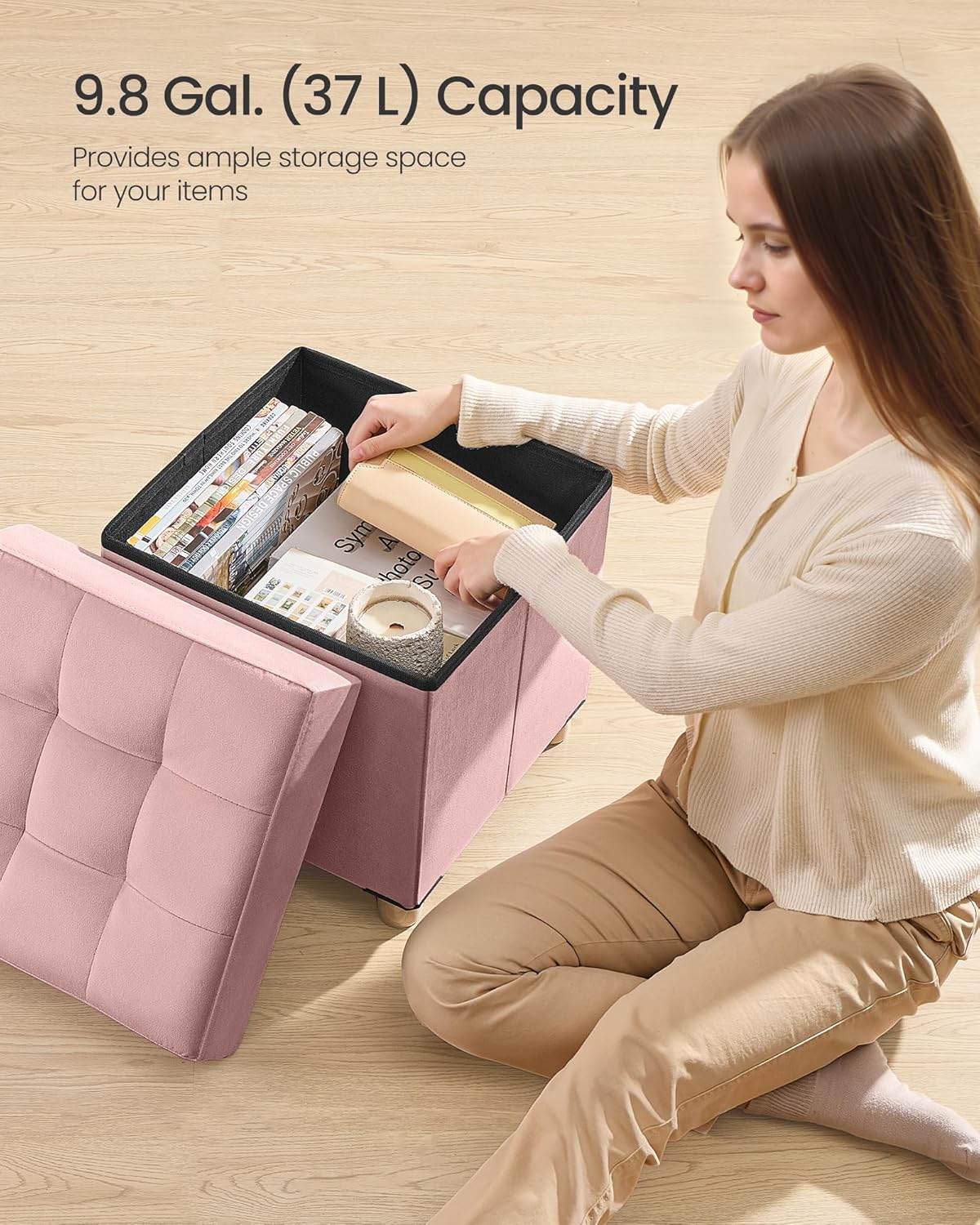 SONGMICS Small Storage Ottoman, Folding Ottoman Cube, 15 x 15 x 15.7 Inches, Footstool, Footrest, 9.8 Gal. (37 L), Velvet Surface, for Bedroom, Living Room, Dorm, Jelly Pink ULSF0516R01