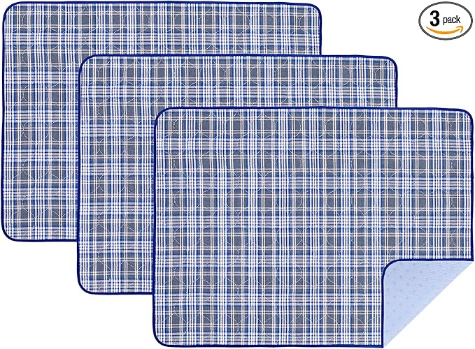 OUTCREATOR® Washable Bed Pads 18" x 24" (Pack of 3) for Incontinence Mattress Protector, Reusable Underpads for Elderly, Adults, Kids, Pets with Anti-Slip Bottom (Light Blue Plaid)