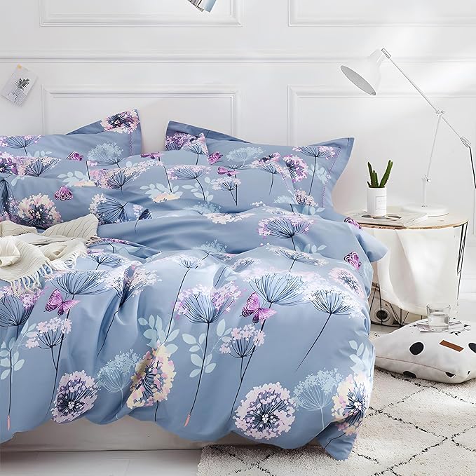 MKXI Purple Floral Comforter Set Dandelion Print Comforter Queen Set Cozy Patterned Comforter Reversible Flowers Bedding Set Queen Size