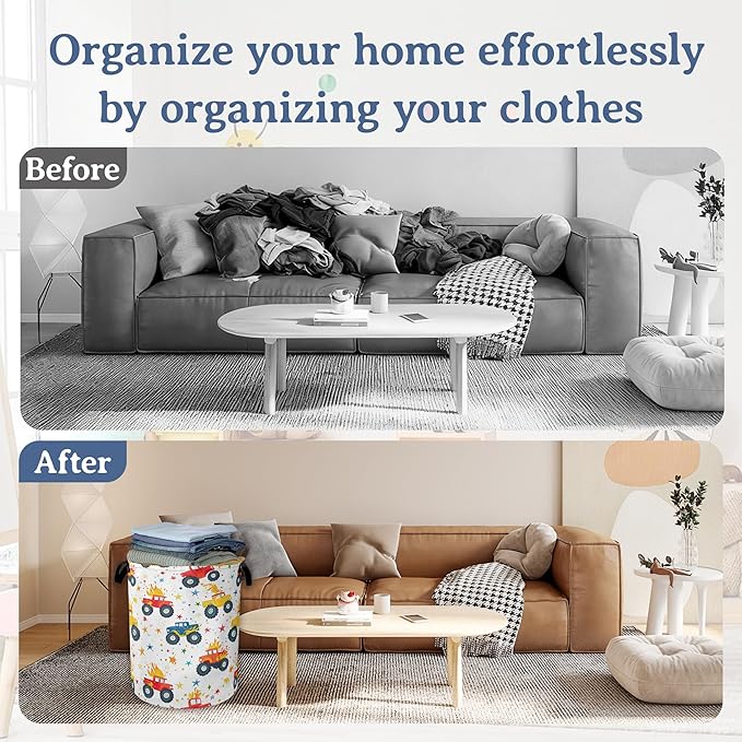 Cute Truck Laundry Basket,Foldable Oxford Cloth Laundry Hamper With Handle, 20.8"x16" Portable Clothes Storage Basket Bag for Laundry Room/Bathroom/Bedroom/Dormitories