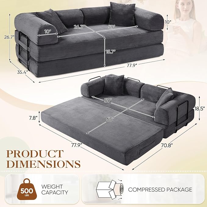 Antetek Convertible Futon Sofa Bed, 3-Seater Modern Corduroy Foam Floor King Size Bed Fold Out Sleeper Lounge Loveseat Sofa Couch with 2 Throw Pillows for Living Room Bedroom Guest Room, Light Grey