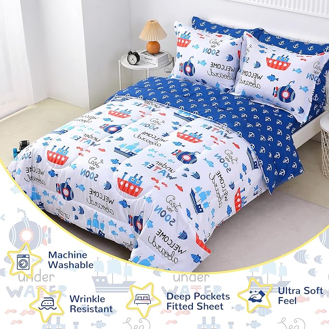 Viviland Kids Full Bedding Sets for Boys, Soft Full Comforter Set with Sheets, 7 Pieces Microfiber Bed in a Bag, Nautical Sea Ship