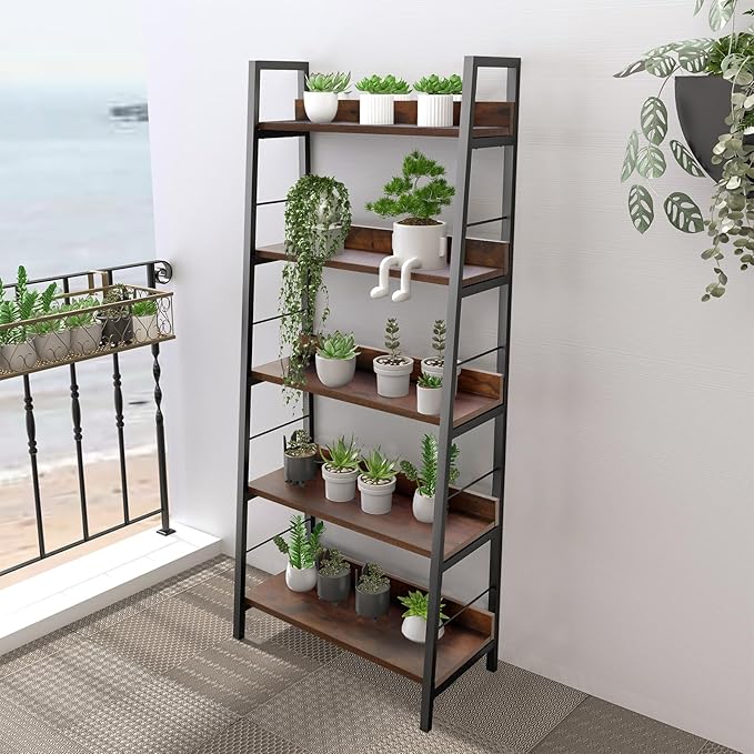 Himimi Industrial Bookshelf 5-Tier, Home Office Bookcase Ladder Shelf, Freestanding Storage Shelves Rack Shelf Unit, Brown Ladder Bookcases with Metal Frame for Bedroom, Living Room, Kitchen