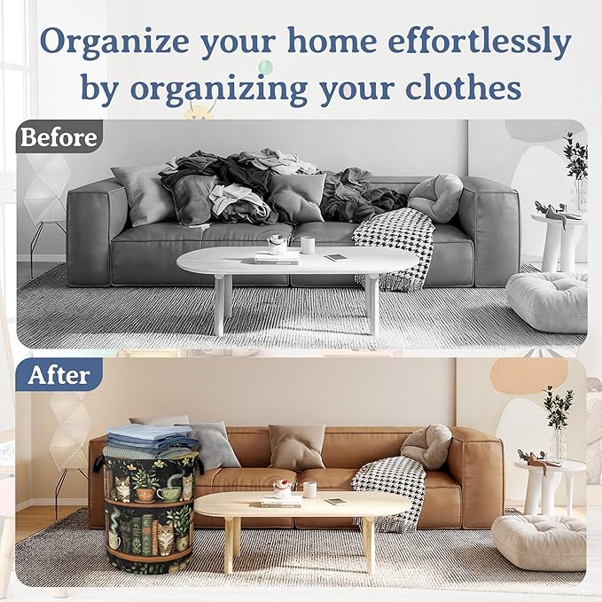 Cute Cat Laundry Basket,Foldable Oxford Cloth Bookshelf Laundry Hamper With Handle, 20.8"x16" Portable Clothes Storage Basket Bag for Laundry Room/Bathroom/Bedroom/Dormitories